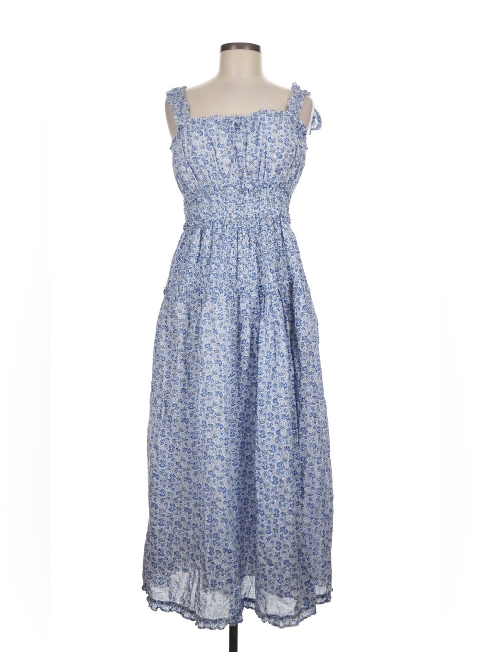 GAP x DÔEN Blue Floral Smocked Cotton Midi Dress Medium - Picture 2 of 6